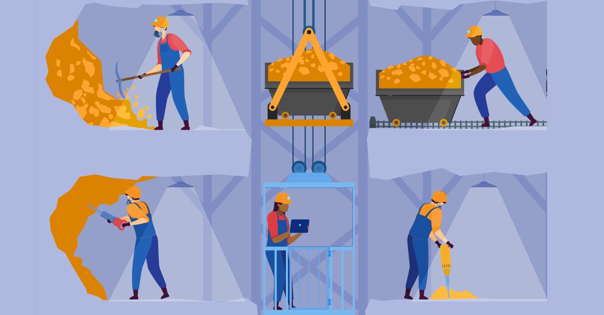Serials of graphics of people working in a gold mine