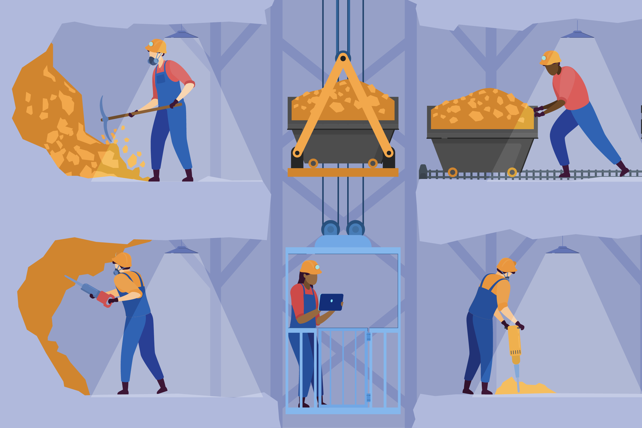 A graphic of a series of frontline workers working at a gold mine