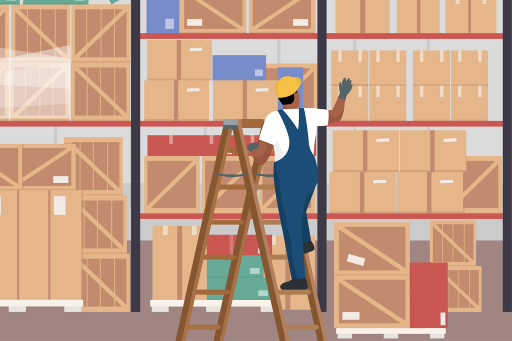 Graphic of a frontline worker using a ladder in a warehouse.