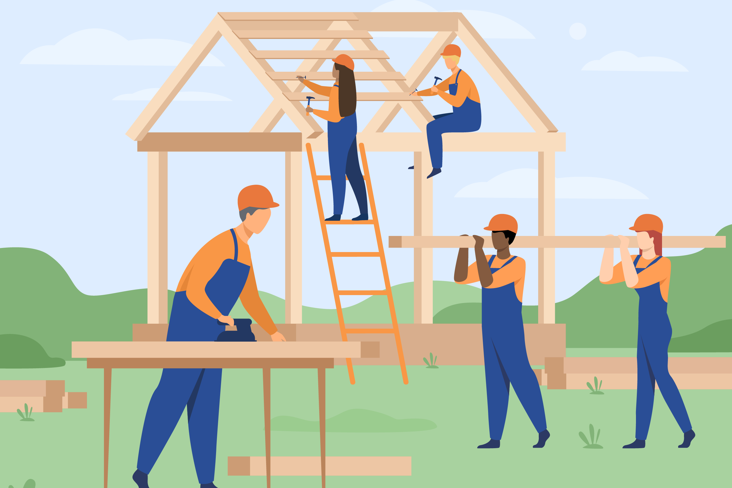 Graphic of construction workers on a ladder while constructing a building.