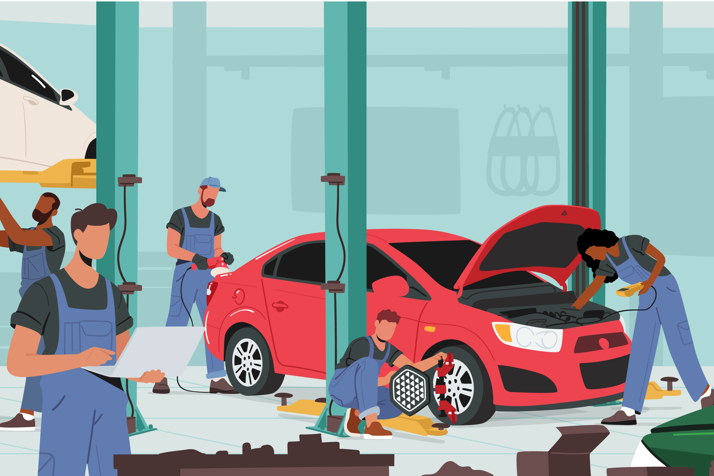 Graphic of frontline workers working at an auto plant
