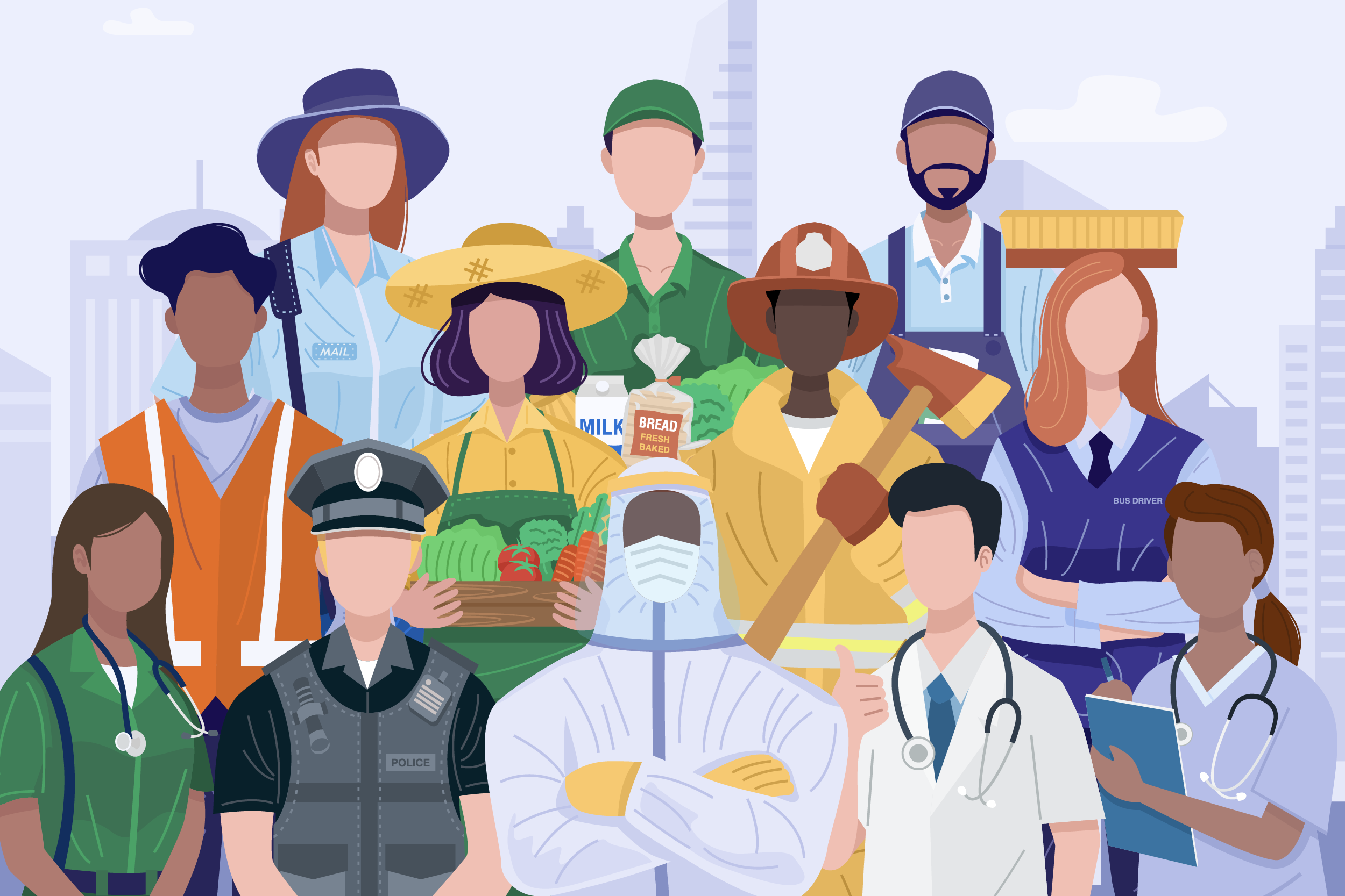 Graphic of a group of frontline workers including healthcare workers, policemen, construction workers, firemen, factory workers, etc