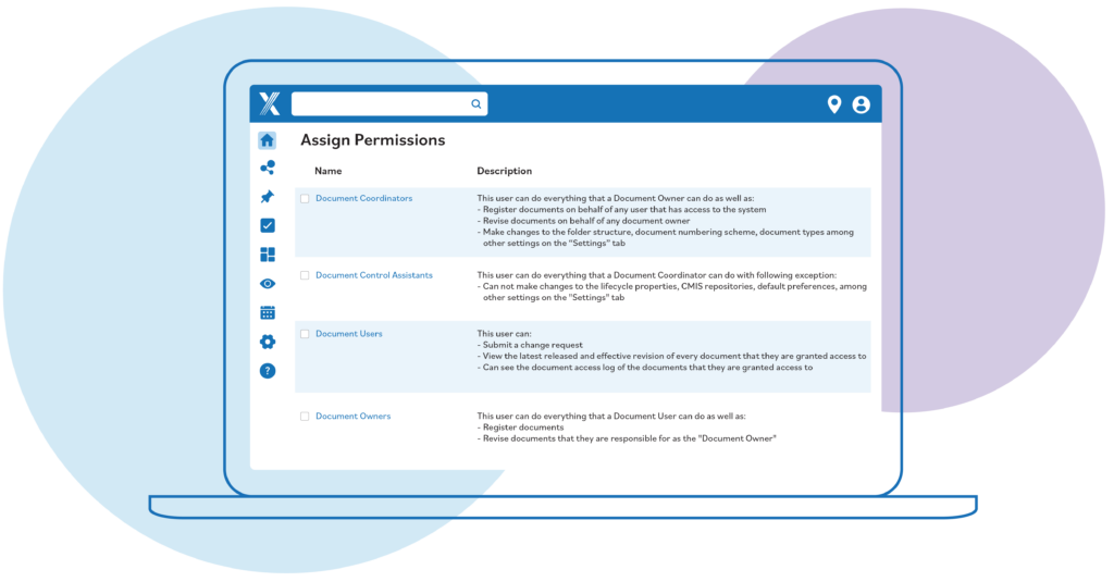 Example of security permissions in Intelex Document Control software