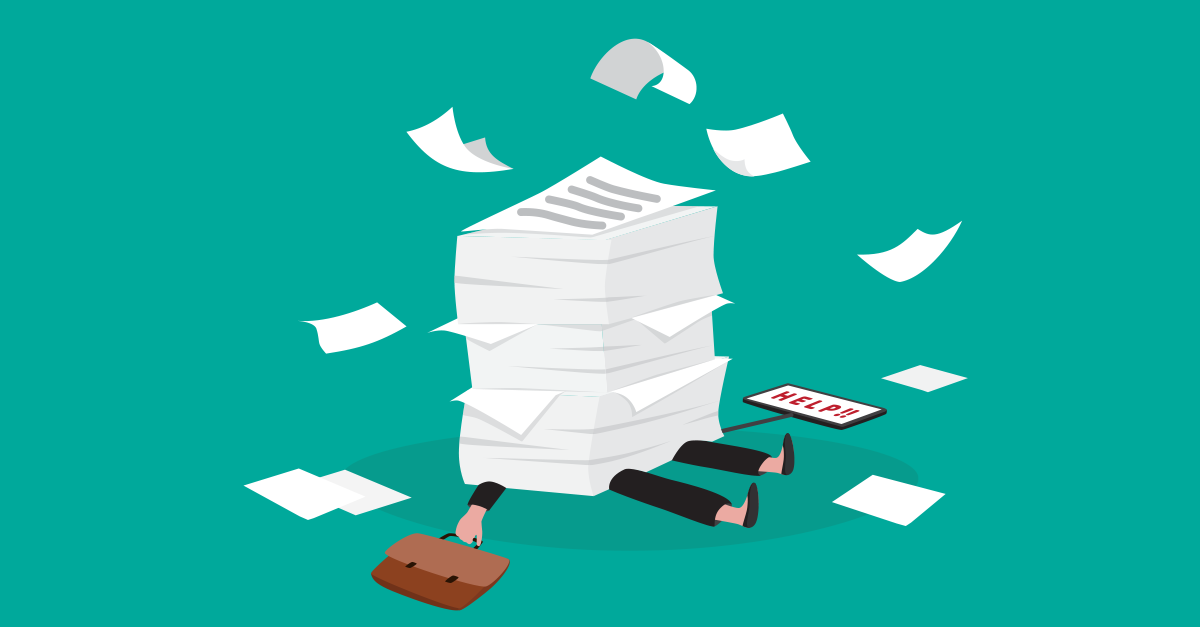 Graphic of a person being overloaded with paper documents