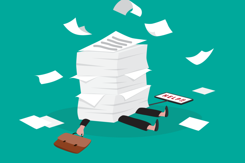 Graphic of a person flattened by a huge pile of paperwork