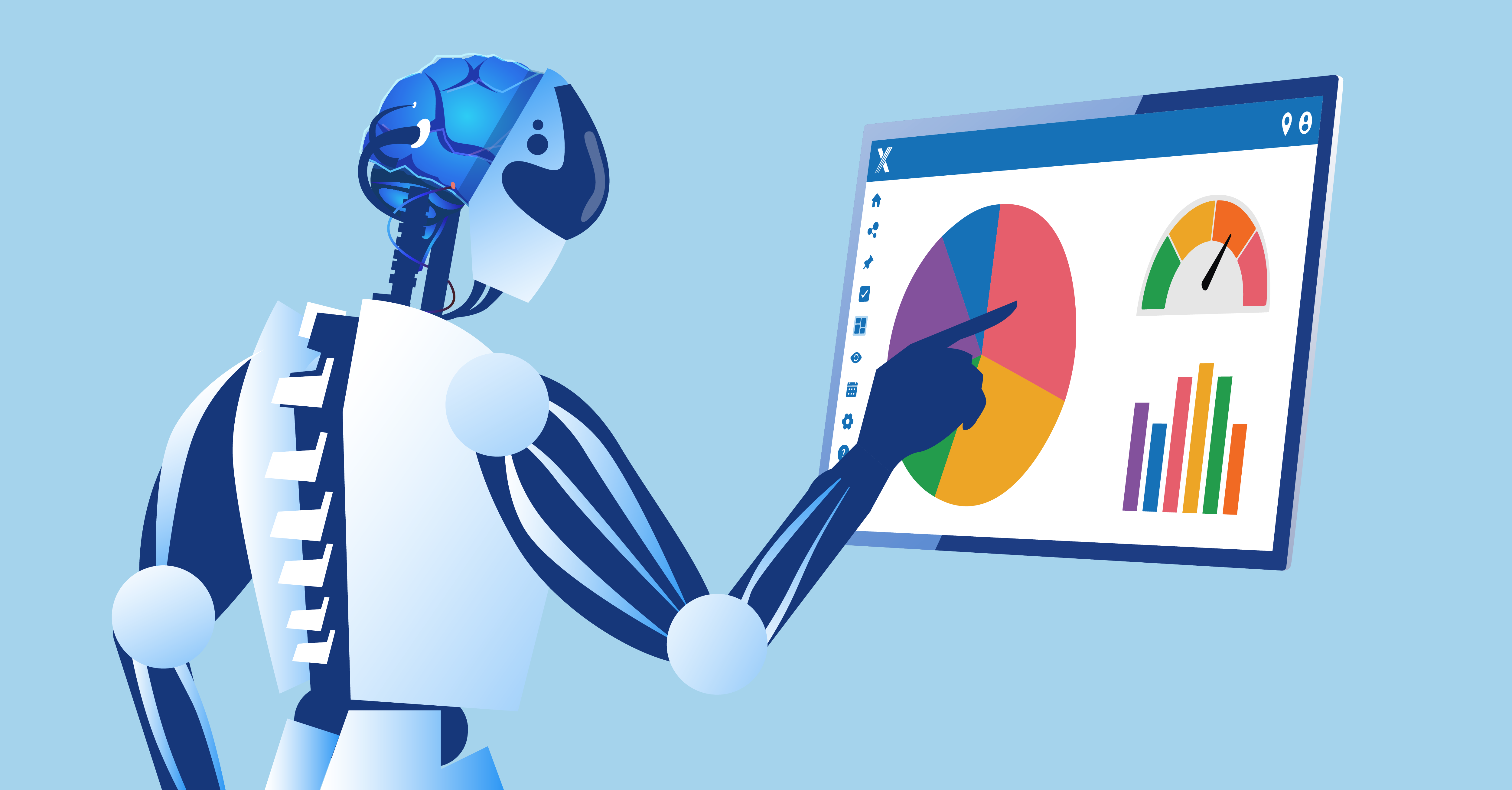 Graphic of an AI robot using the Intelex dashboard