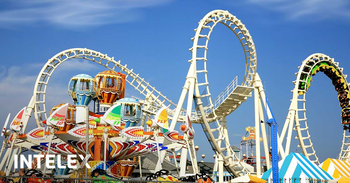 The twists and turns of a roller coaster at an amusement park