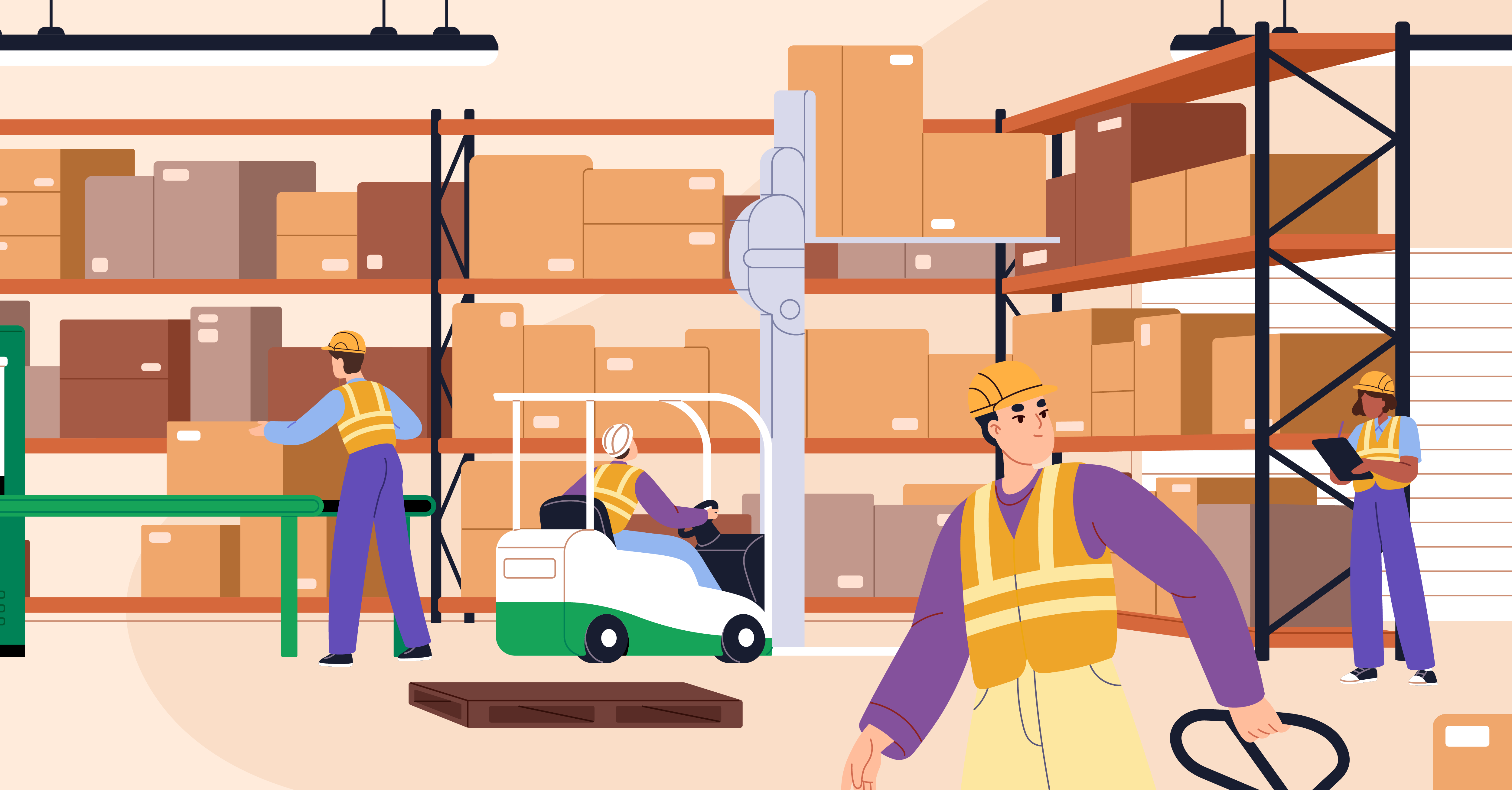 Workers practice continuous improvement and safety culture at a warehouse.