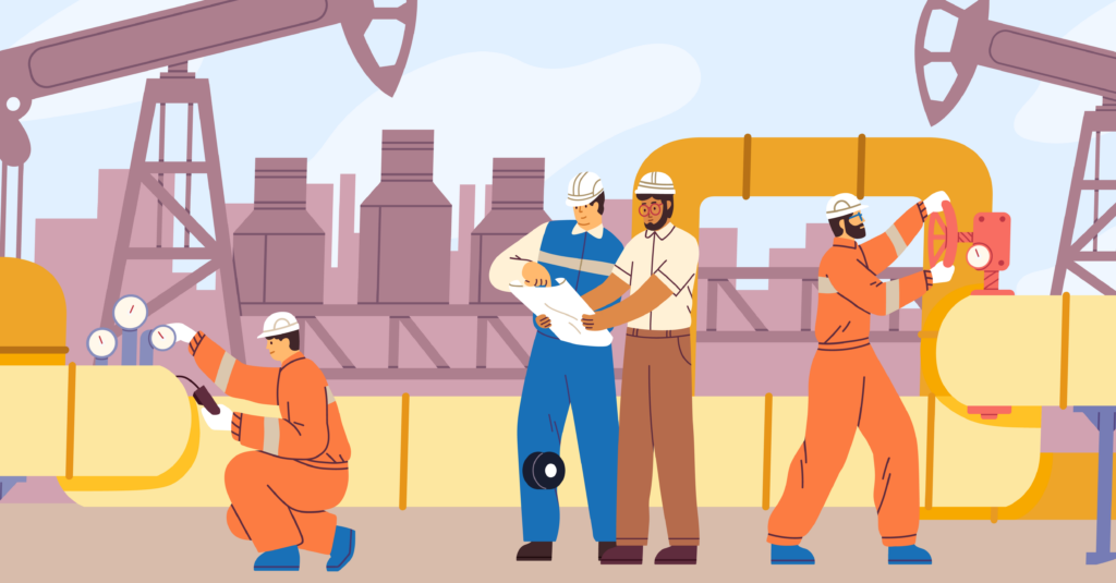 Workers at an oil and gas field conduct a job safety analysis