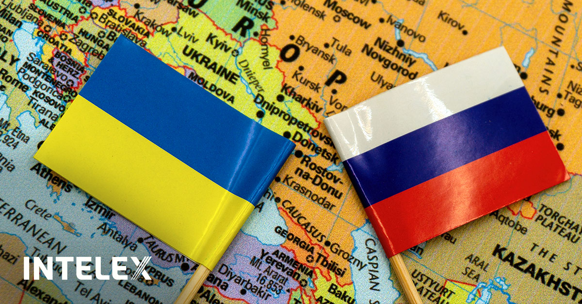 Map and flags of the Ukraine and Russia