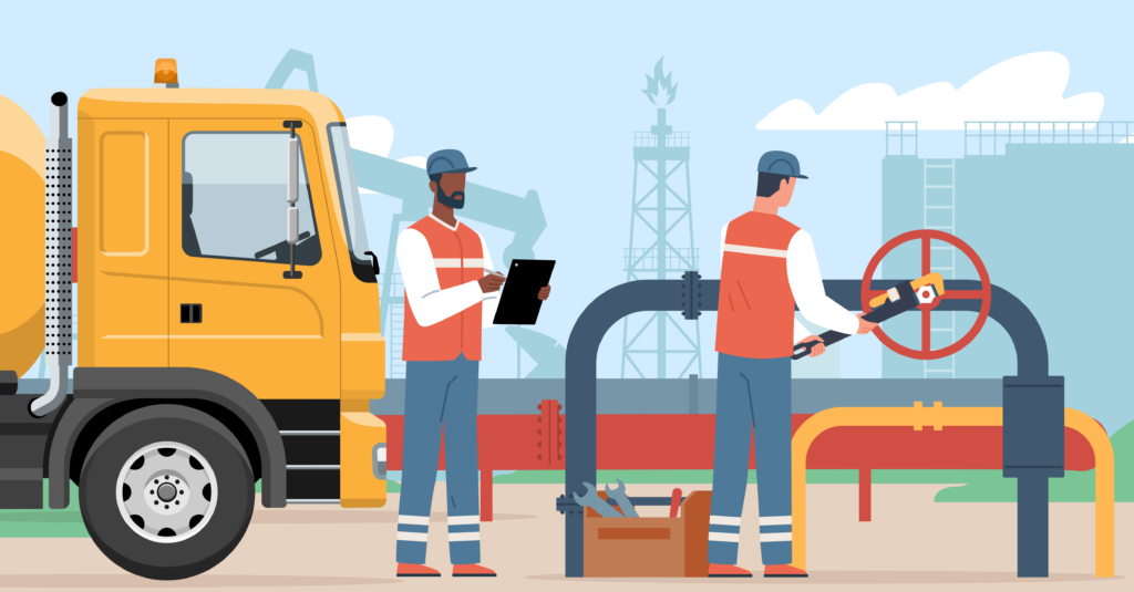 Graphic of a truck and workers at an oil and gas field