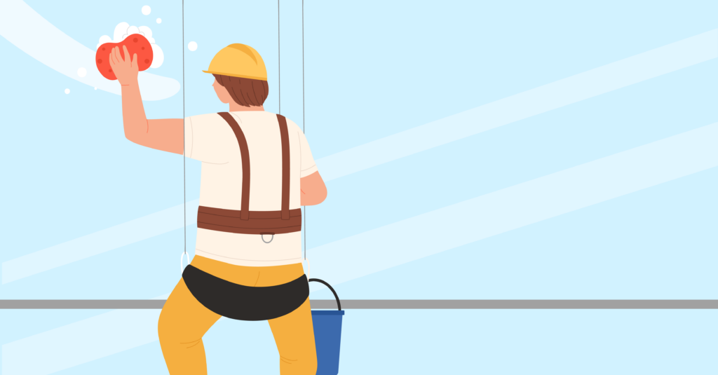 Graphic of a construction worker wears a safety harness