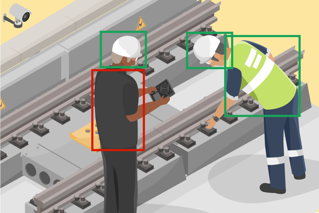 Computer vision with AI, deep learning and CCTV analyzes the PPE of two frontline workers