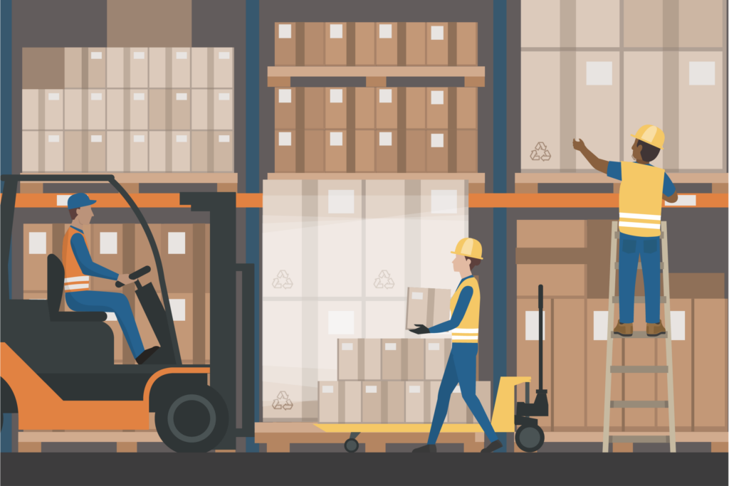 Graphic of frontline workers in a warehouse driving a forklift, lifting boxes and standing on a ladder.