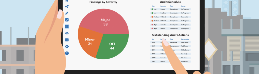 Graphic of a frontline worker using audit management software on a tablet in the field