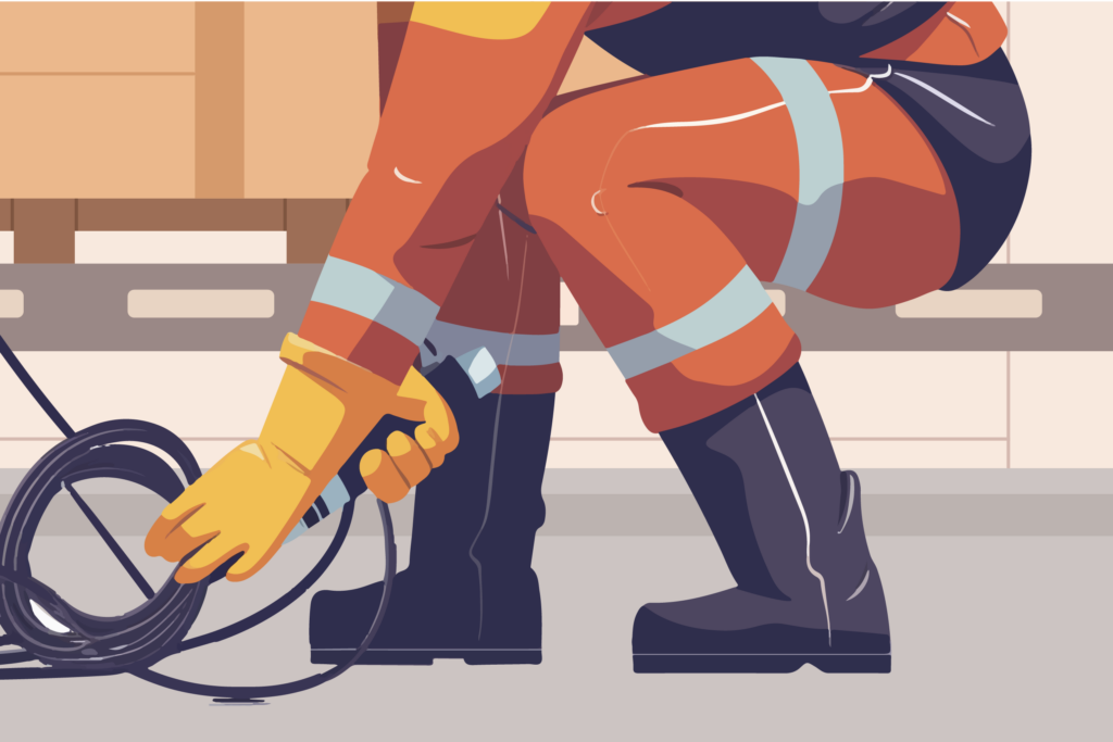 Graphic of a frontline worker putting away a cable that could trip someone in the workplace
