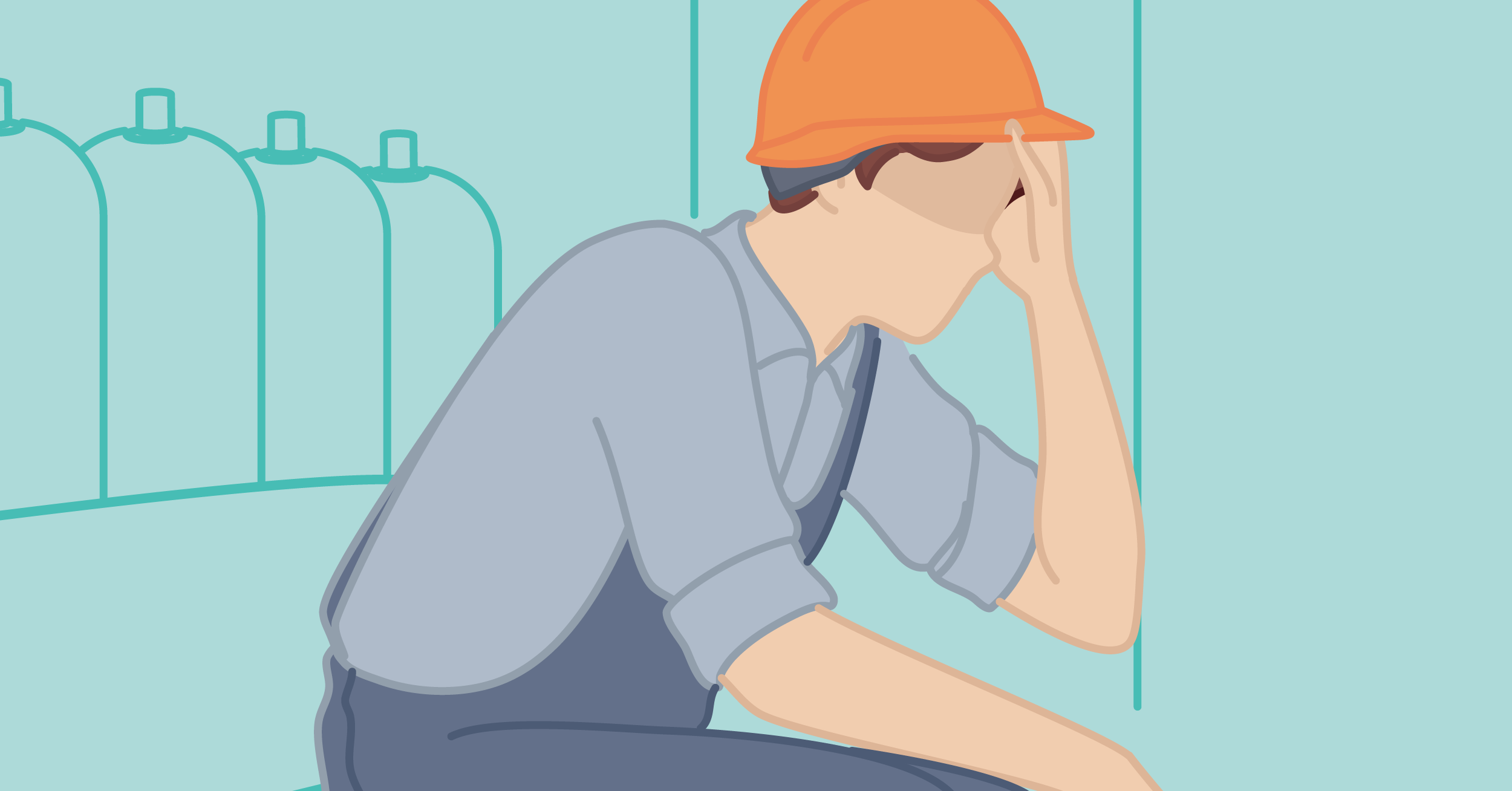 A graphic of a frontline worker tired at an industrial manufacturing facility.