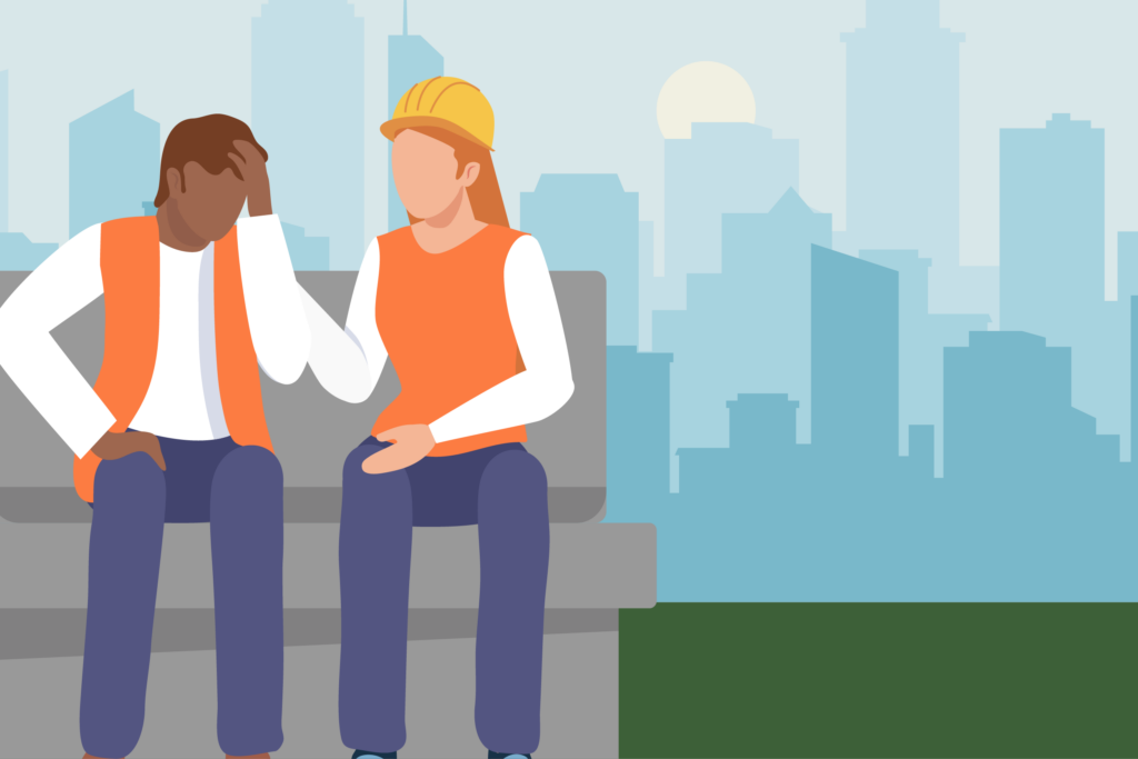 Graphic of one construction worker suffering from mental health challenges while the other construction worker comforts them.