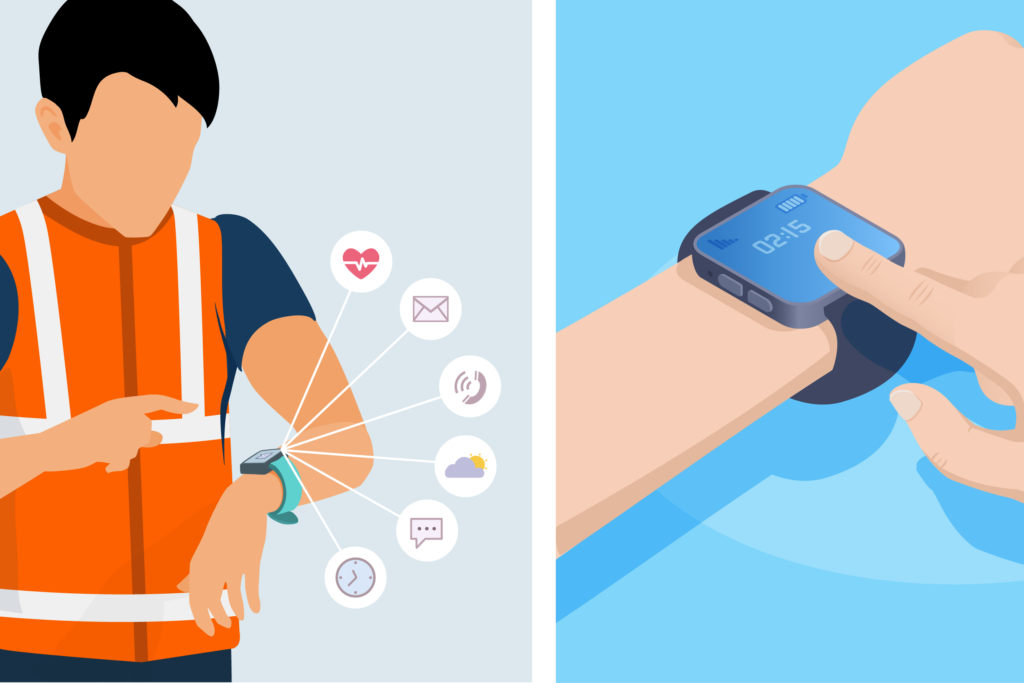 Graphic of a construction worker reviewing using a wearable sensor