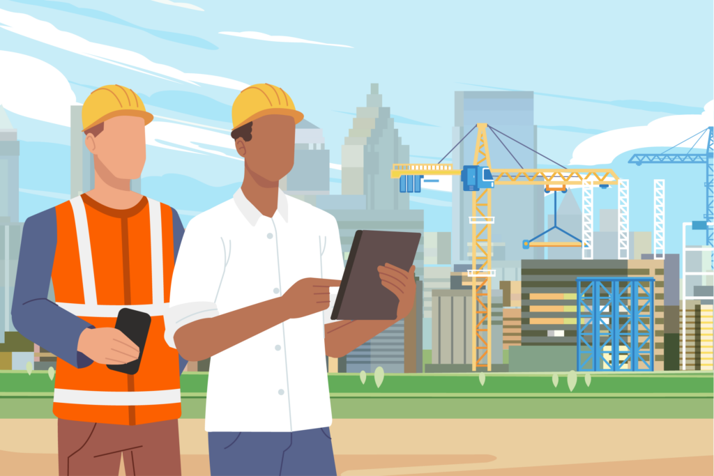 Graphic of two construction workers reviewing construction safety software on a tablet