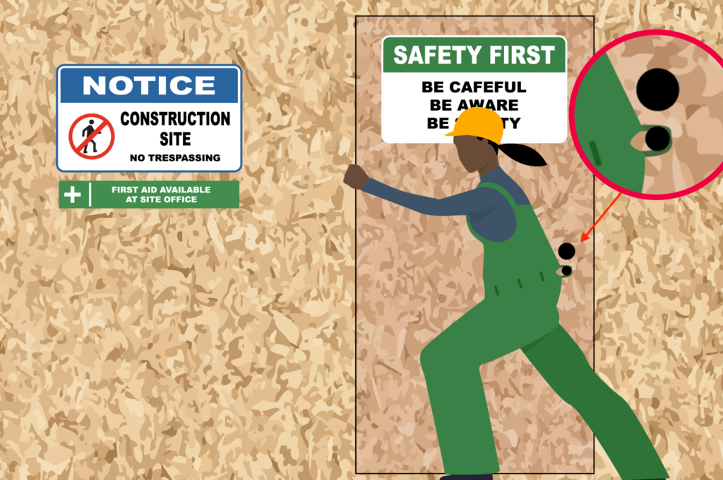 A graphic of a female construction worker's coveralls getting caught on a doorknob.