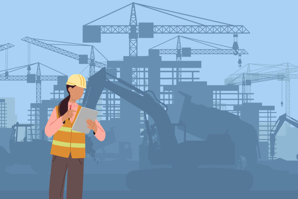 A graphic of a woman working at a construction site.
