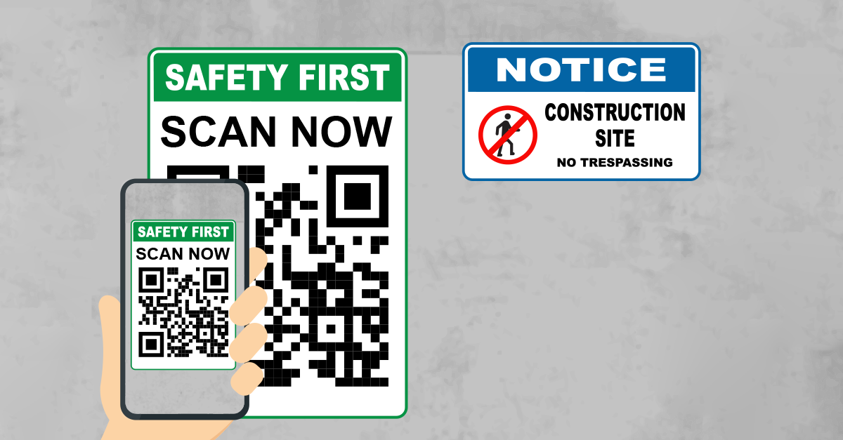 Graphic of a QR code with safety information at a construction site