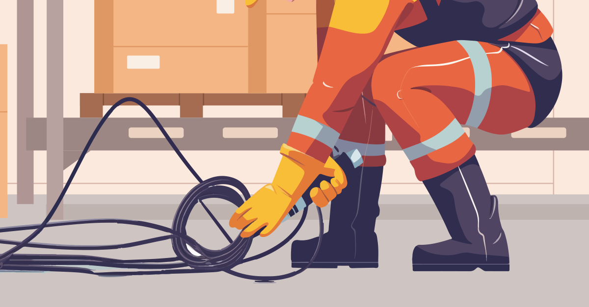 A graphic of a worker putting away a cable that could trip someone in the workplace