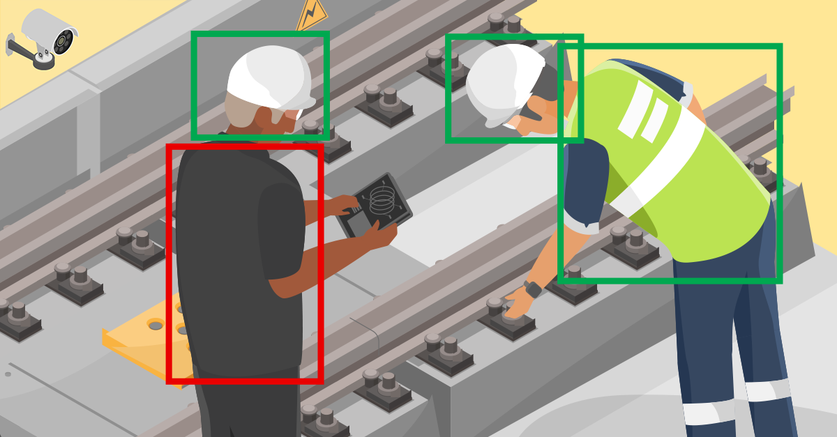 Graphic of ai and camera analytics scanning two workers for safety protocols