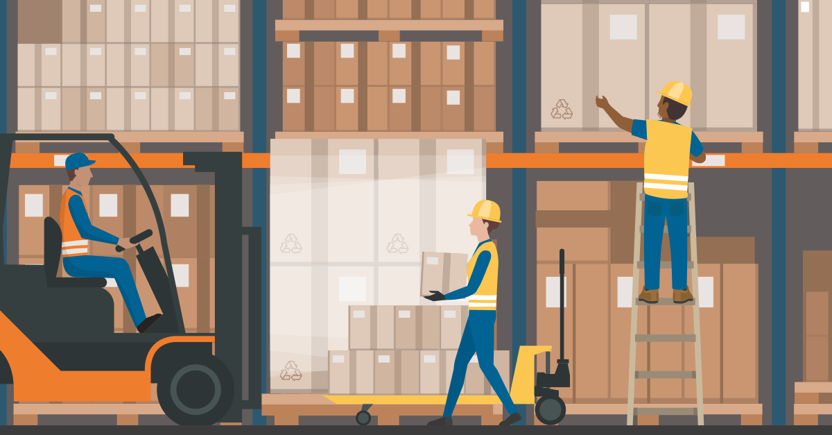 Graphic of three workers in a warehouse