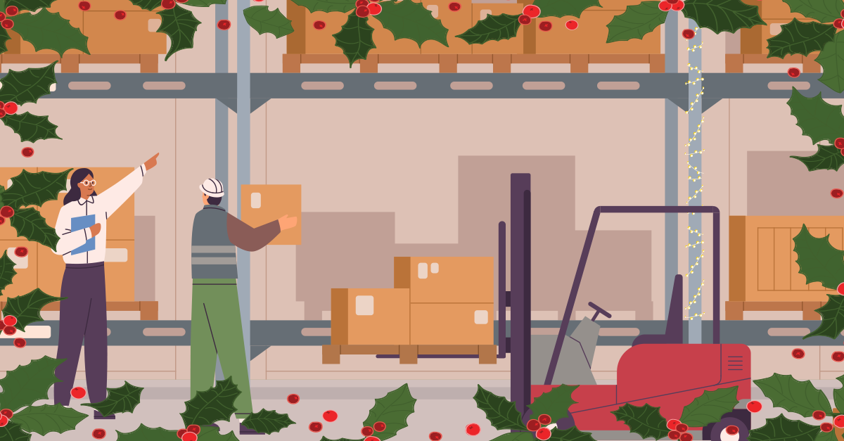 Two workers at a warehouse during the holiday season