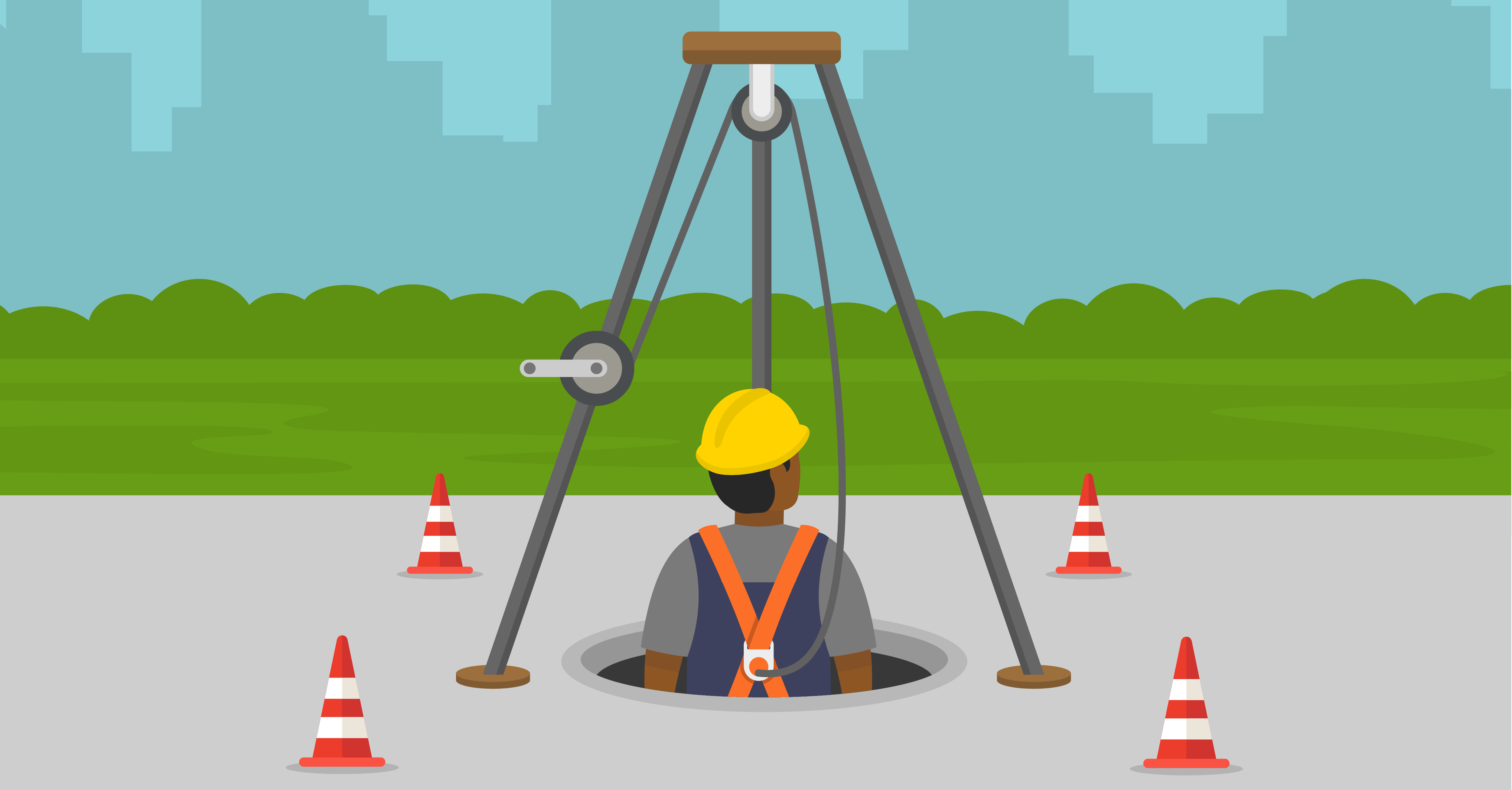 Graphic of a worker concerned about confined spaces safety