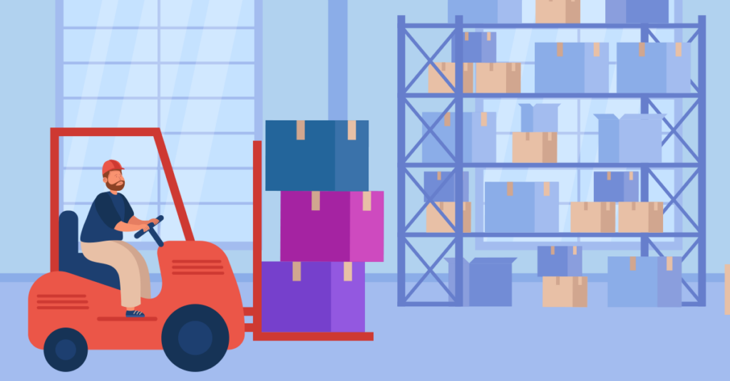 A worker at a warehouse operates a forklift