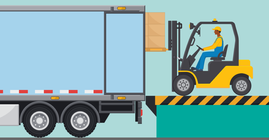 Graphic of a forklift operator on a loading dock transfers packages from a truck