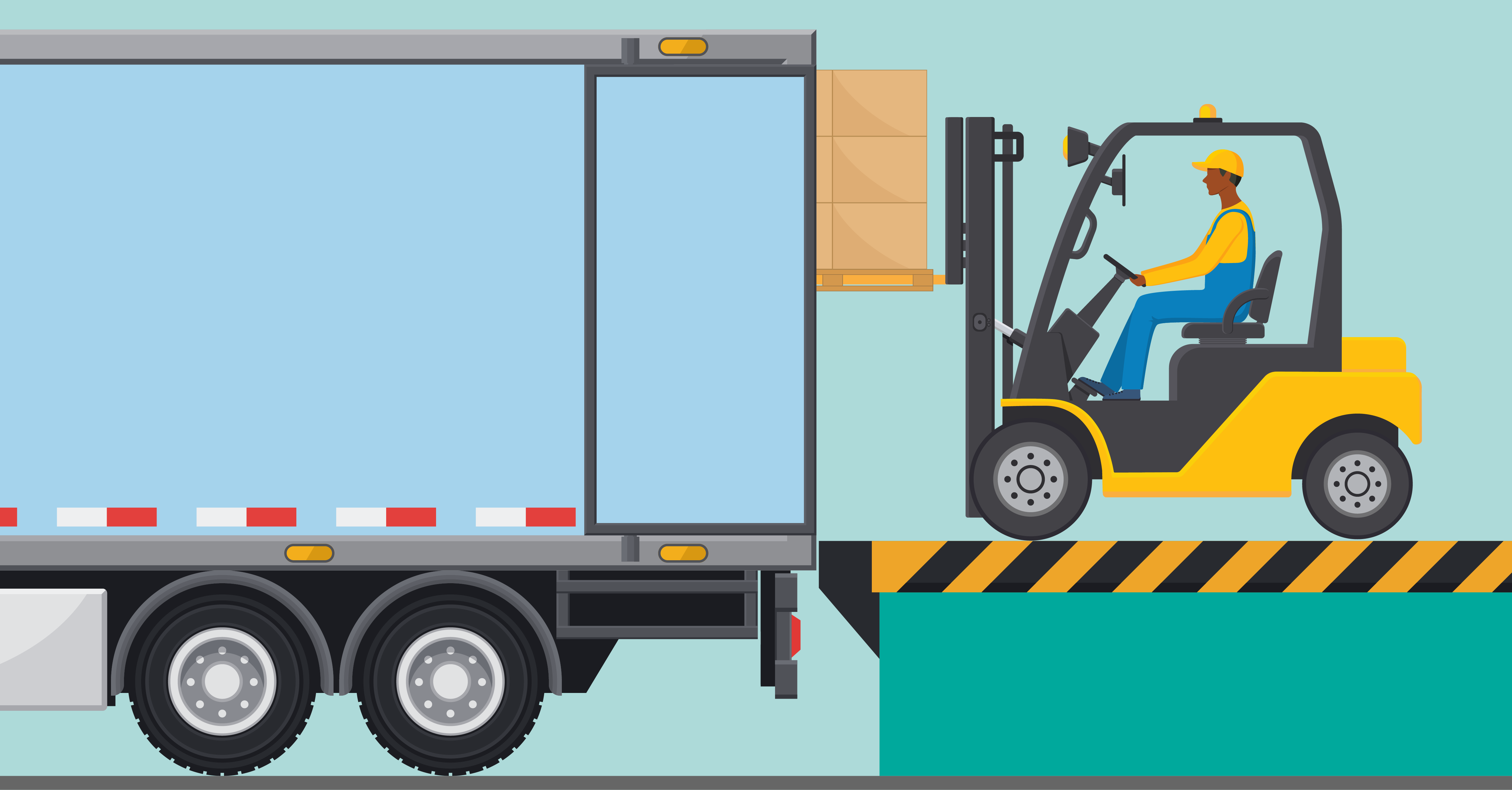 Graphic of a forklift operator on a loading dock transferring a box from a truck