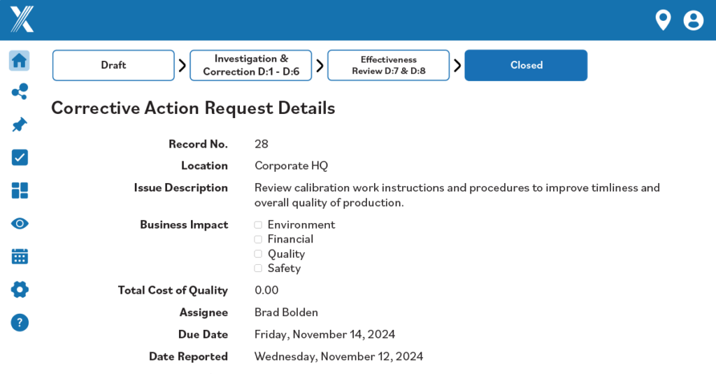 Intelex dashboard of corrective action report