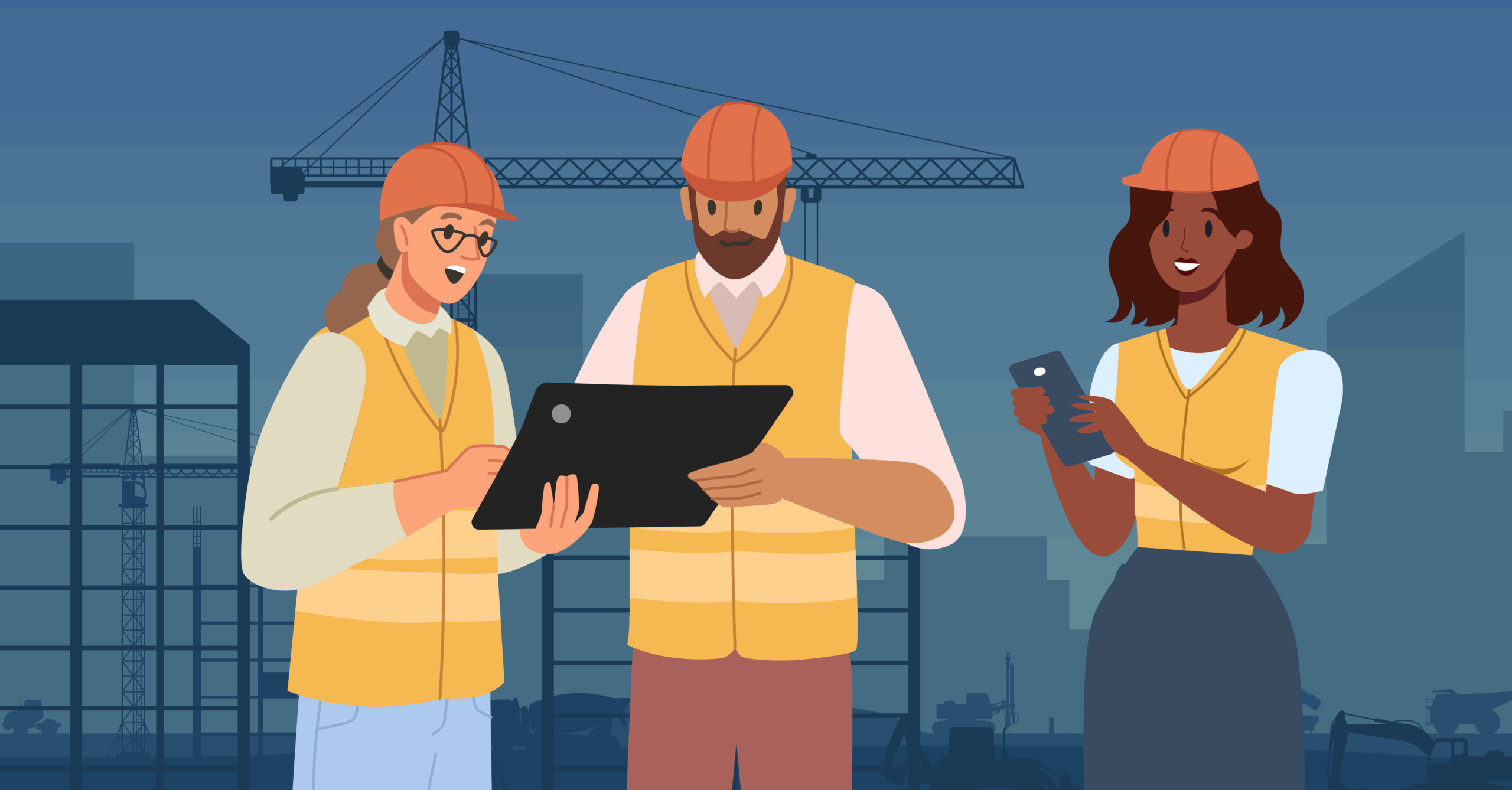 cartoon workers holding mobile devices to represent user adoption