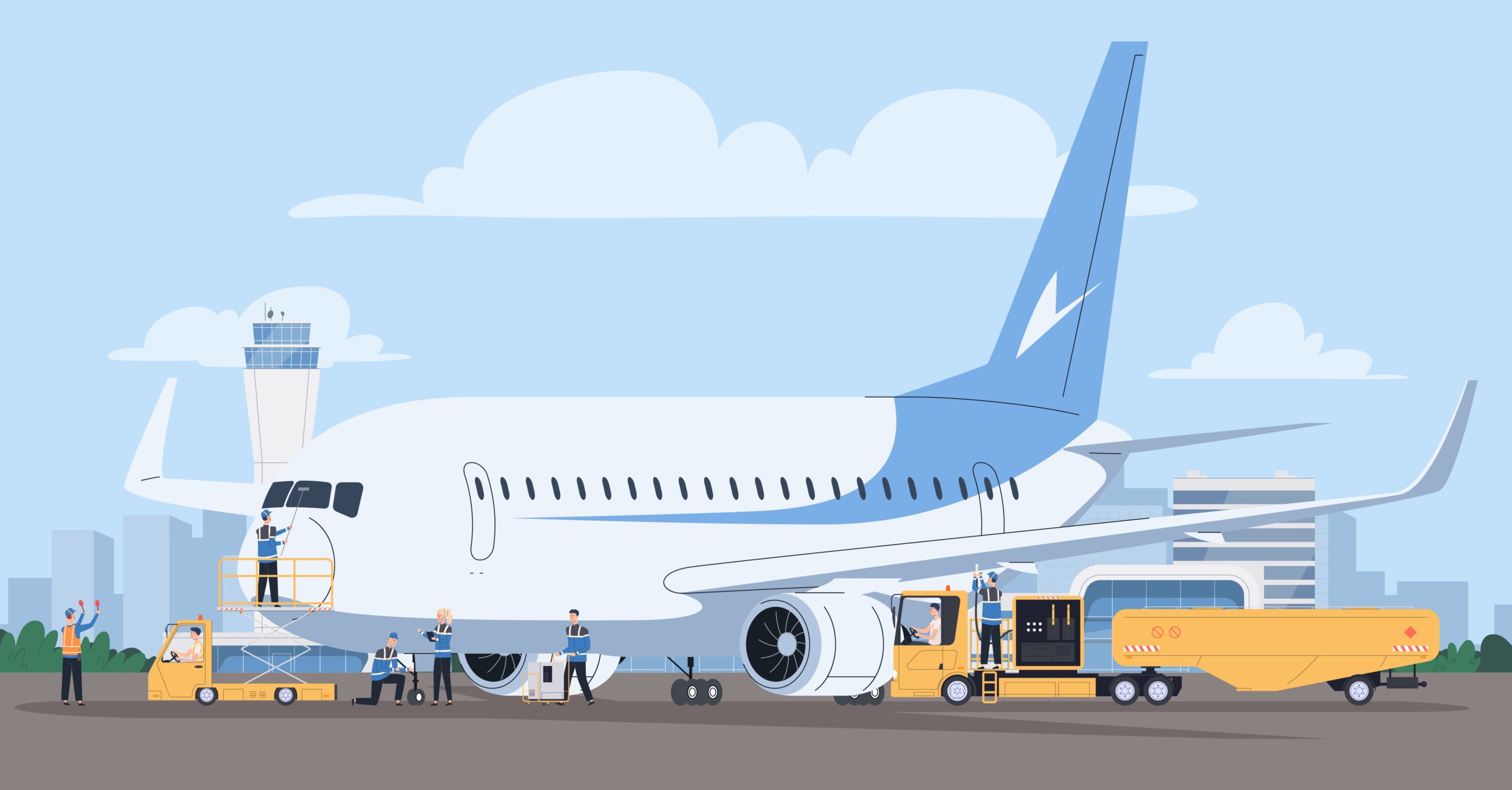 workers preparing an airplane for takeoff