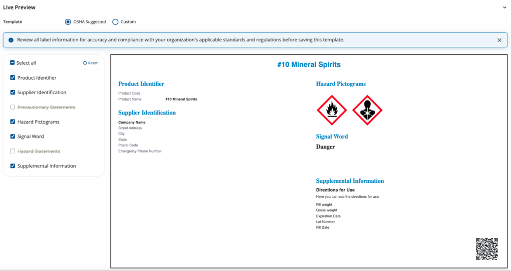 Generate and print chemical labels using OSHA format or custom options in Intelex